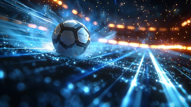 A soccer ball is rolling on a field with fire in the background. Concept of excitement and energy, as if the ball is in the midst of a thrilling game. The fire adds a dramatic element to the scene