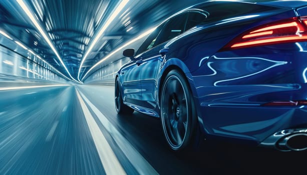 A blue sports car is driving down a highway by AI generated image.