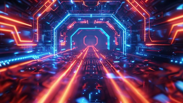 A futuristic tunnel with neon lights and a blue and red color scheme. The tunnel is filled with wires and circuits, giving it a futuristic and technological feel