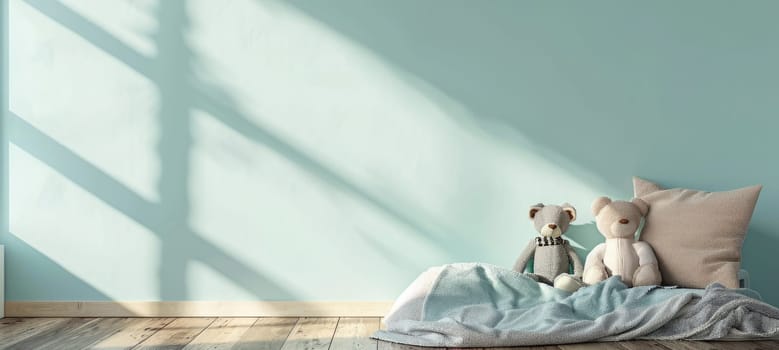 A room with a blue wall and a white teddy bear on a bed by AI generated image.