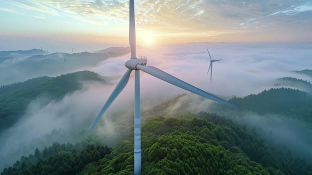 A field of wind turbines with the sun setting in the background.