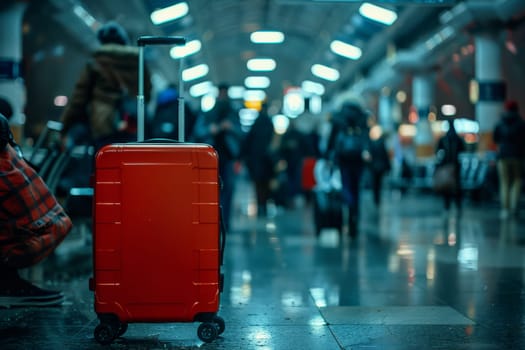 A red suitcase is sitting on the floor in a busy airport. The suitcase is the only object in the image, and it is surrounded by people and luggage. Concept of travel and adventure
