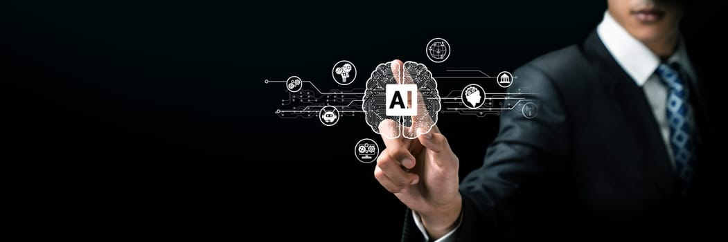 Human interact with AI artificial intelligence brain processor in concept of AI artificial intelligence engineering, big data and AI machine learning to use generative AI for business support. Faas