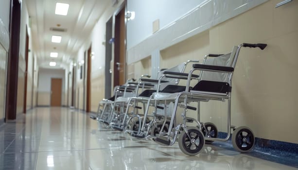 A row of hospital wheelchairs are lined up against a wall by AI generated image.