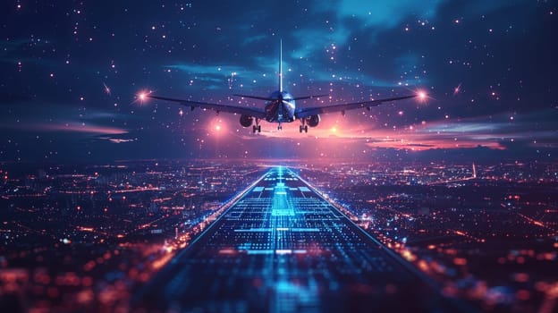 A plane is flying through a city at night with a bright orange sun in the background. The sky is filled with glowing lights, creating a surreal and dreamlike atmosphere