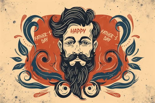 A festive design featuring a stylized bearded man surrounded by ornamental patterns and a message wishing a Happy Fathers Day.