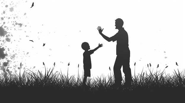 A silhouette of a man and a child standing in a field, outlined against the sky.