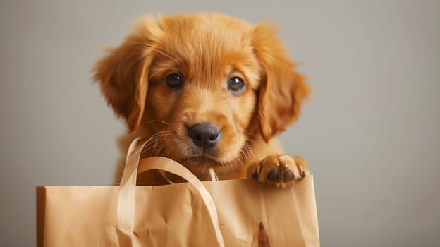 A cute golden retriever puppy sits in a paper gift bag, gazing with anticipation, paw resting on the edge, ready for a Fathers Day surprise.
