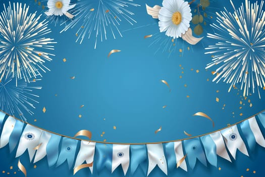 A blue background adorned with delicate white flowers and fluttering streamers.