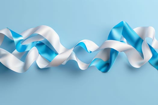 A blue and white ribbon elegantly placed on a plain blue background, symbolizing the colors of the Argentinian flag on Flag Day.
