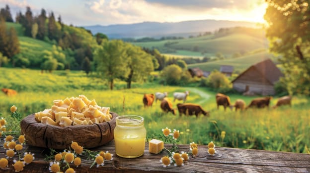 A wooden table with jars of honey and other items, and a view of cows in the background