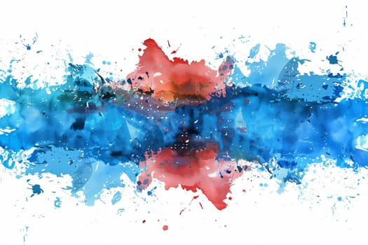 Vibrant blue and red paint splatters cover a white canvas, creating a dynamic and colorful abstract artwork.