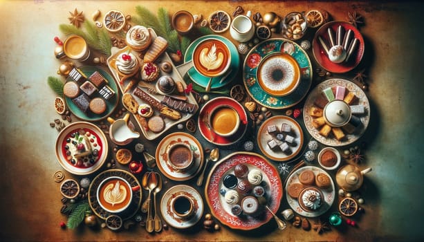 Overhead view of an Italian coffee and dessert spread with espresso, cappuccino, latte, tiramisu, biscotti, and panna cotta, set in a warm, inviting cafe-like atmosphere. High quality illustration