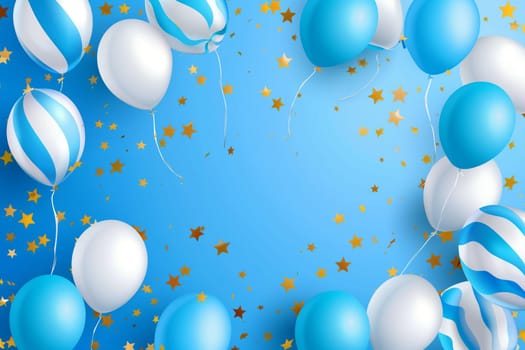 Blue and white background filled with balloons and stars of various sizes scattered around.