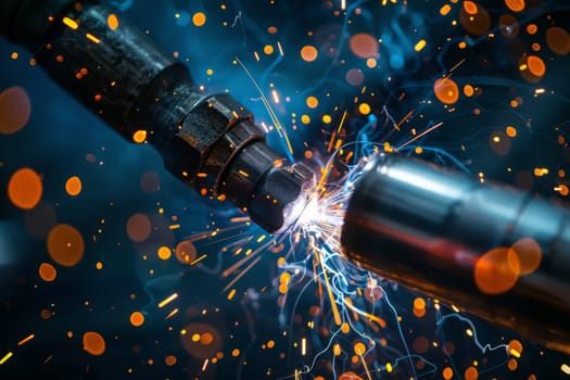 A piece of machinery is being welded, with sparks flying out of it. Concept of danger and excitement, as the sparks and heat from the welding process create a dramatic and intense scene