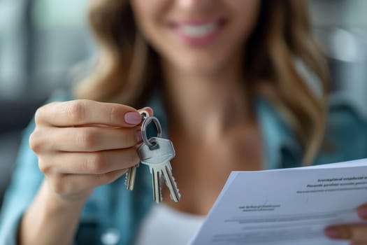 A woman is holding keys and smiling. The keys are silver and the woman is holding them in her hand