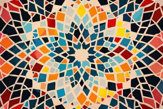 A detailed mosaic design featuring a multitude of bright and contrasting colors arranged in intricate patterns.