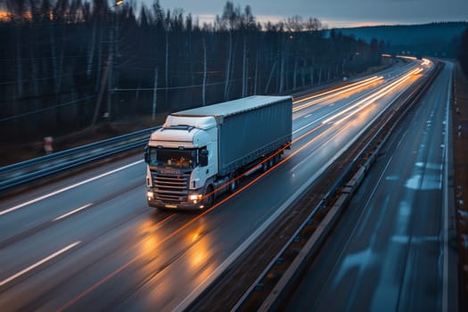 A large green semi truck is driving down a road. The sky is cloudy and the sun is setting