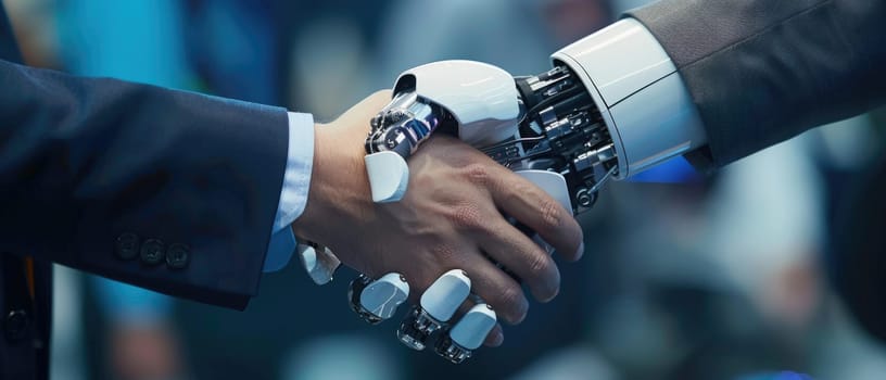 A robot hand shakes a human hand by AI generated image.