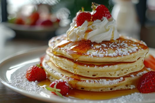 A stack of pancakes with syrup and whipped cream on top. The pancakes are piled high and look delicious