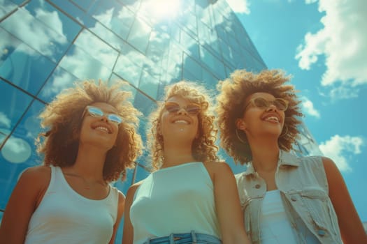 Three women with curly hair are smiling and standing together. They are wearing white shirts and one of them is wearing a blue jacket. Scene is happy and friendly