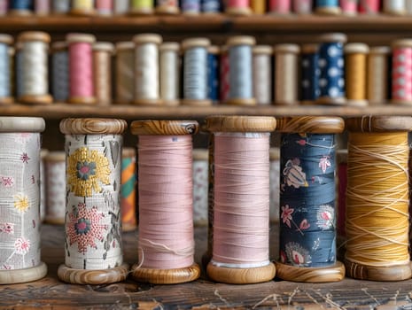 A collection of colorful spools of thread is neatly arranged on a wooden shelf. The vibrant selection pops against the natural wood backdrop