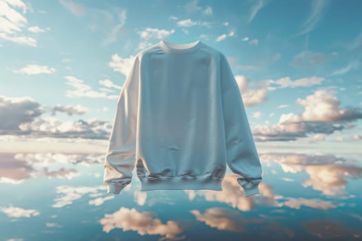 A white sweater with a leopard print design is displayed in a blue sky. The sweater is hanging in the air, and the reflection of the sky and water can be seen in the background