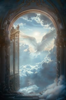 A golden angel with wings is flying through a doorway. The doorway is surrounded by clouds and the sky is filled with light. The scene is serene and peaceful, with the angel representing hope