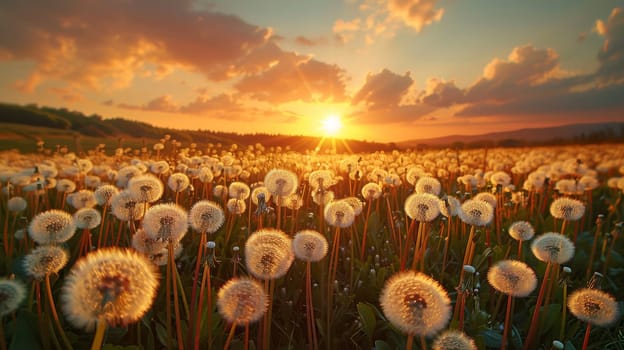 A field of dandelions is in full bloom, with the sun setting in the background. The scene is serene and peaceful, with the dandelions swaying gently in the breeze