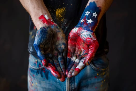 A man displaying patriotic colors with hands painted in red, white, and blue, symbolizing national pride and celebration of Flag Day USA.