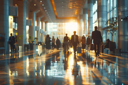 A group of people walking through a large, bright, and shiny building. The people are carrying luggage and appear to be in a hurry. The atmosphere of the image is busy and bustling