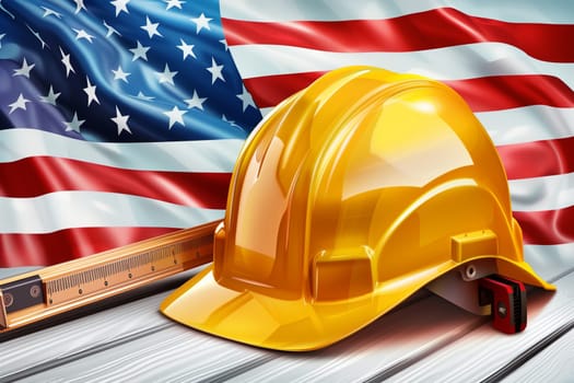 A hard hat is placed next to a ruler against the backdrop of the American flag.
