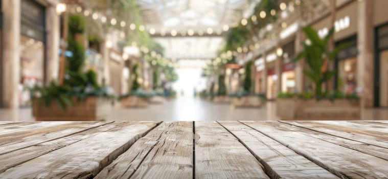 A wooden table with a view of a large indoor shopping mall by AI generated image.