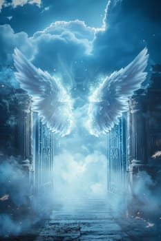 A golden angel with wings is flying through a doorway. The doorway is surrounded by clouds and the sky is filled with light. The scene is serene and peaceful, with the angel representing hope