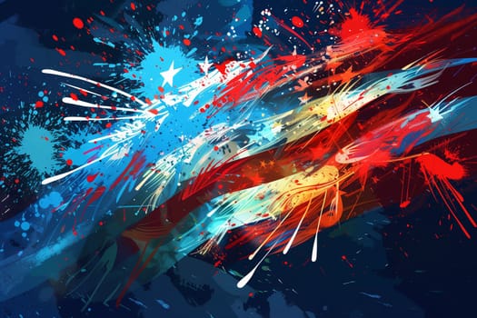 Painting of a flag with colorful paint splatters across it.