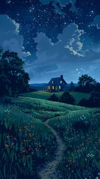 Artistic painting of a house in a field at night under a starry sky. High quality illustration