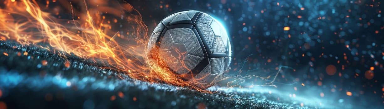 A soccer ball is rolling on a field with fire in the background. Concept of excitement and energy, as if the ball is in the midst of a thrilling game. The fire adds a dramatic element to the scene