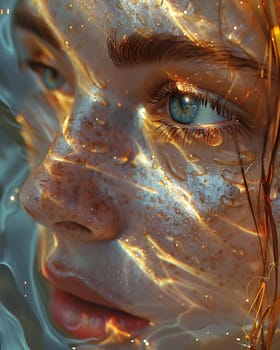 A closeup shot of a womans face submerged in water, showcasing her eyelashes, jawline, and wrinkles. The image resembles a bronze sculpture or fictional character in an art piece