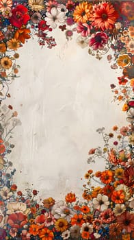 A floral pattern painting on a white textile background, showcasing creative arts with intricate petal details. Rectangular in shape, this art piece captures the beauty of plants in a stunning event