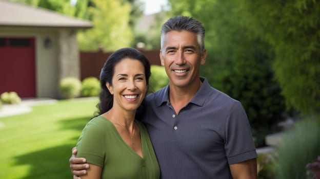 Portrait of happy smiling mature couple owners standing in green summer backyard of their own suburban house, woman and man relaxing together on a weekend day