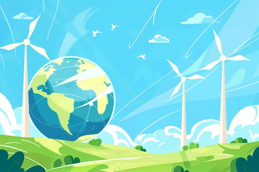 A painting depicting a vibrant green earth surrounded by towering wind turbines generating renewable energy.