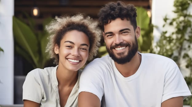 Portrait of happy smiling multiethnic diverse young couple owners standing in green summer backyard of their own suburban house, woman and man relaxing together on a sunny weekend day
