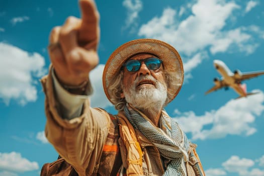 An older man wearing a leather jacket points to an airplane flying in the sky. Concept of adventure and excitement, as the man is looking up at the plane with a sense of wonder