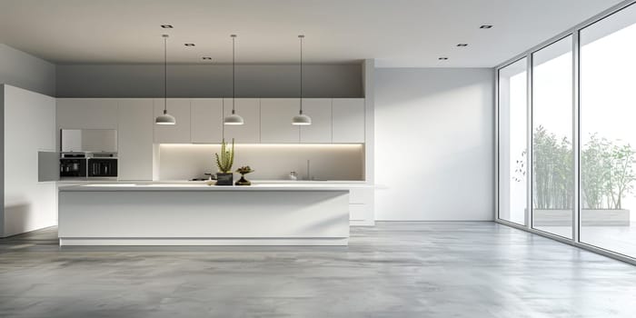 A large kitchen with white cabinets and a wooden counter by AI generated image.