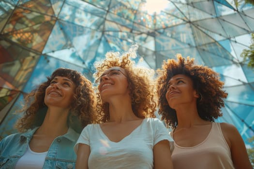 Three women with curly hair are smiling and standing together. They are wearing white shirts and one of them is wearing a blue jacket. Scene is happy and friendly
