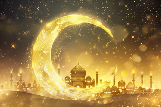 A crescent moon shines in the night sky, with a mosque illuminated in the background.