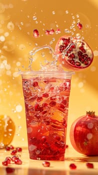 A glass of iced tea with a garnish of pomegranate slices. The drink is served in a tall glass with ice cubes and a garnish of pomegranate slices