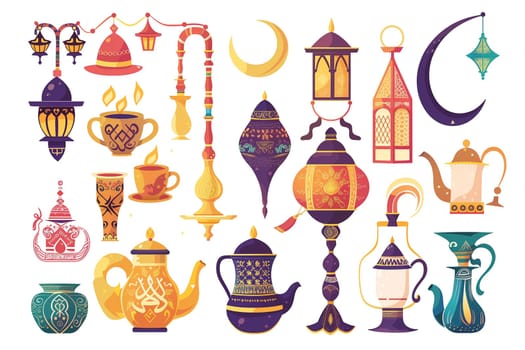 A vibrant collection of Islamic cultural icons, including teapots, crescent moons, lanterns, and traditional patterns, symbolizing heritage and celebration.