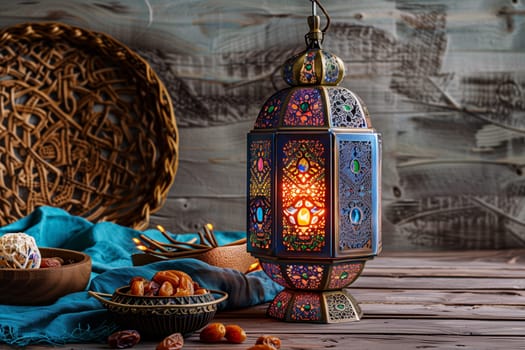 A colorful, ornate Islamic lantern casts a warm glow amidst a setup of dates and sweets on a wooden table, evoking a Ramadan atmosphere.