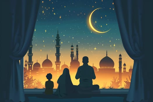 A family is shown in silhouette against a backdrop of ornate mosques under a starlit sky with a crescent moon.